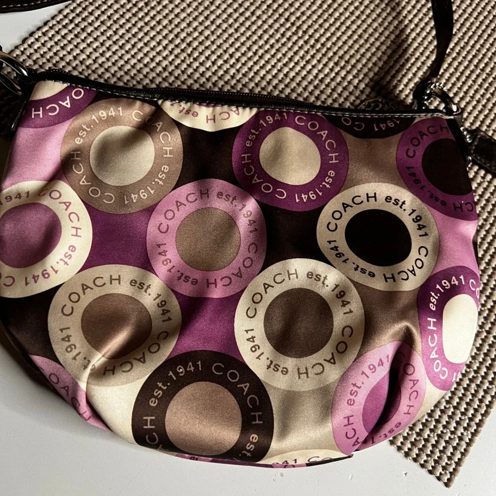 Coach Purple Brown Op Art Circle Satin Crossbody Bag Metallic Bronze Trim